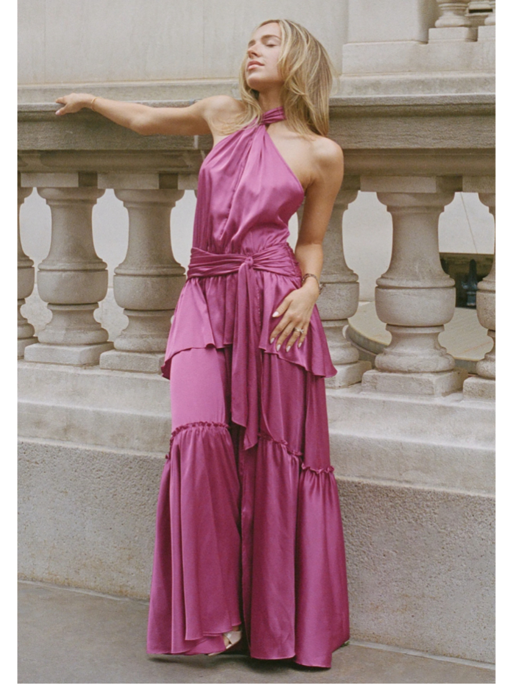 Women's Few Moda Sintra Dress Magenta Satin Halter Maxi Dress Size 4